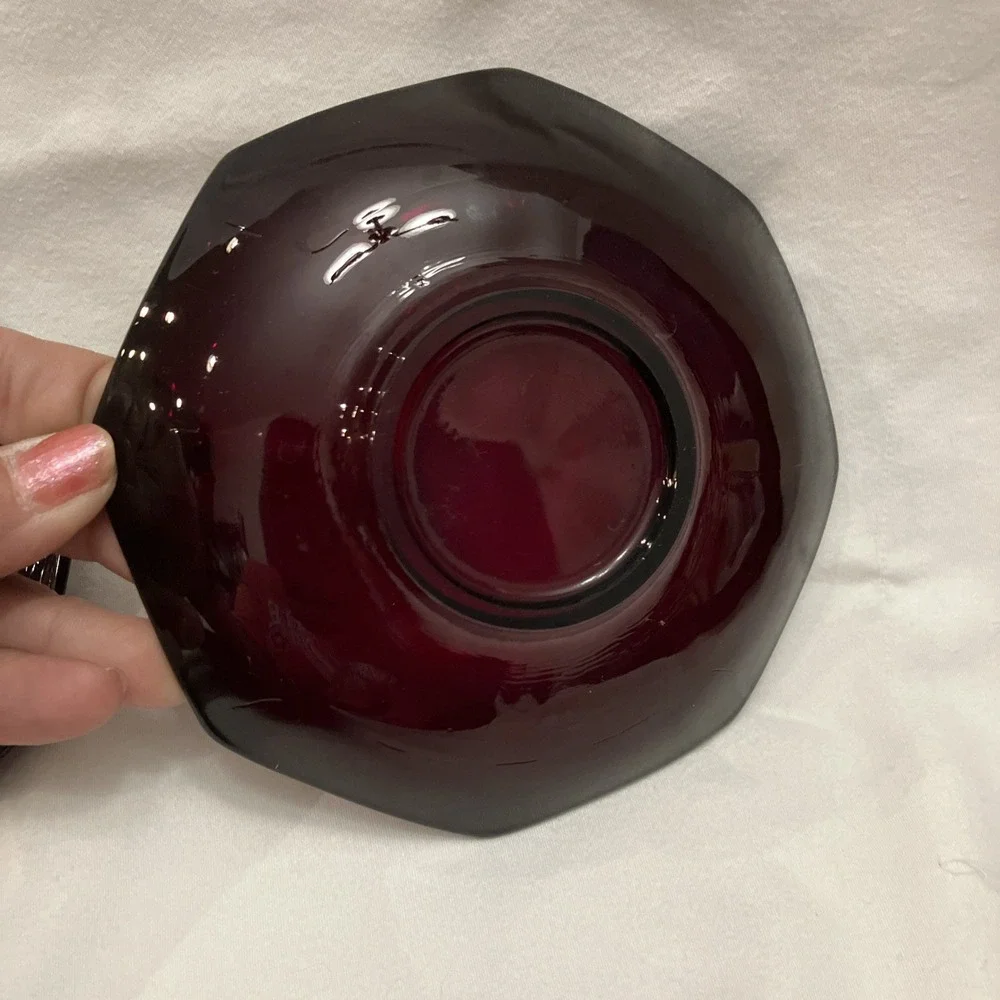 Vintage Ruby Red Glass Saucers Dessert Bowls Scallop Top Edge Lot of 3